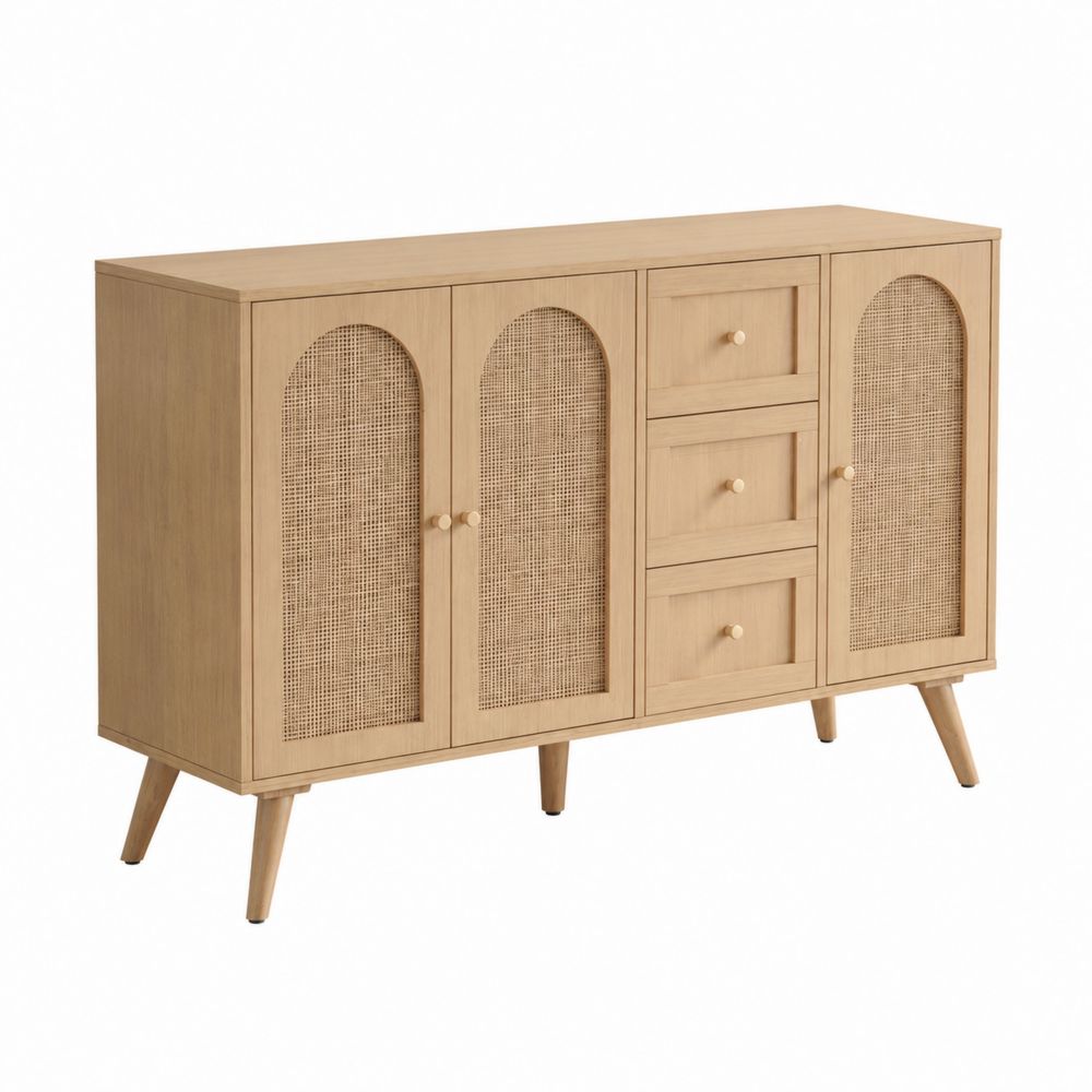 Credenza in Legno e Rattan con 3 Cassetti e 2 Ante Beige
