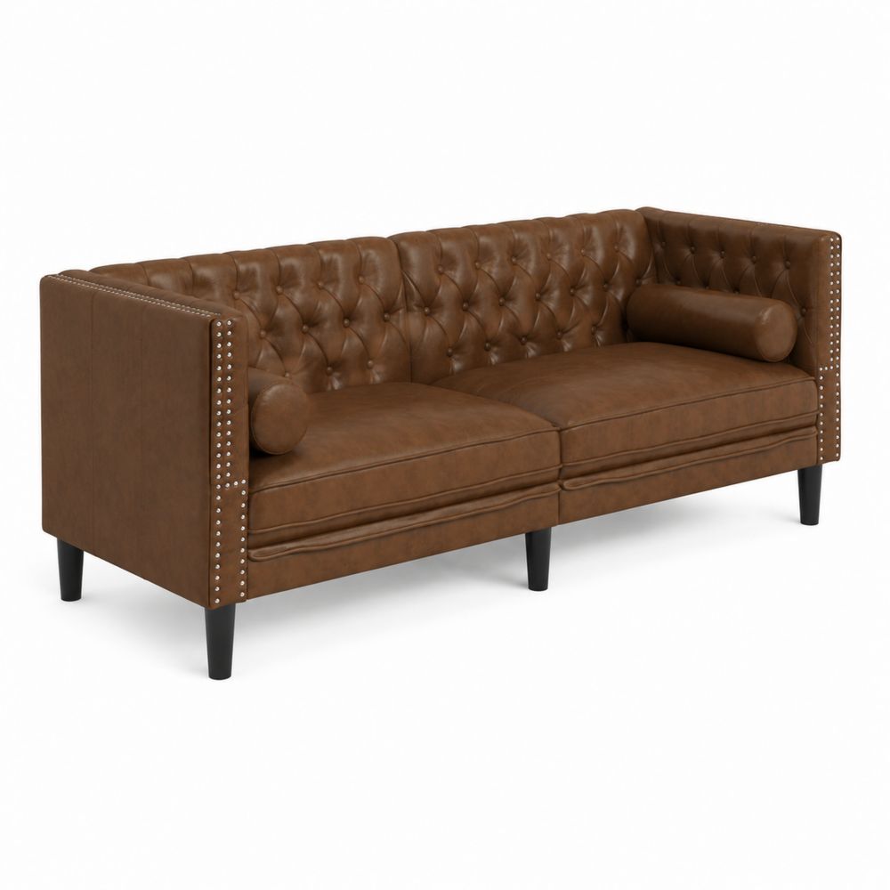 Divano in Pelle PU Marrone con Gambe in Legno