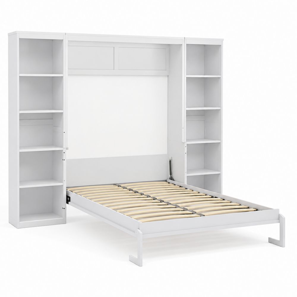 Letto a scomparsa matrimoniale con scaffalature in legno bianco