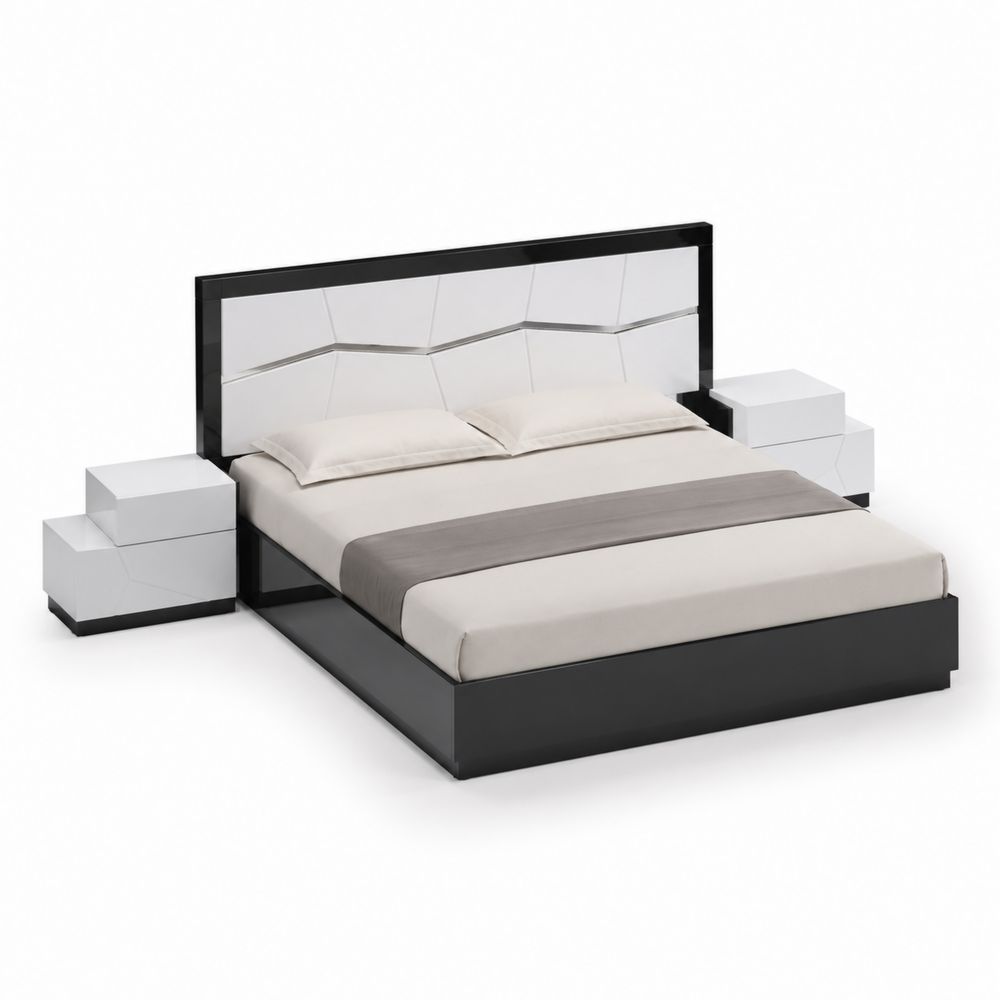 Letto matrimoniale in MDF e pelle PU con comodini 200x160 cm Nero/Bianco