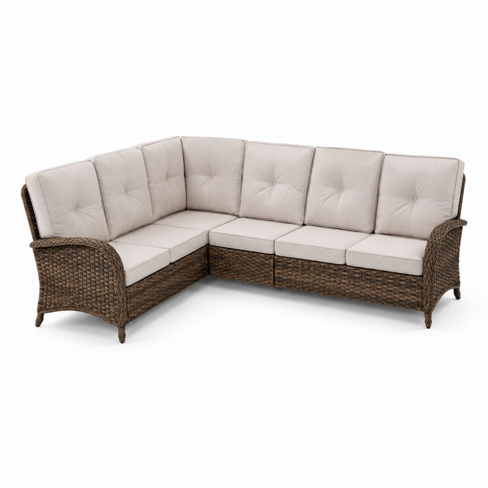 Divano ad Angolo in Rattan con Cuscini Beige