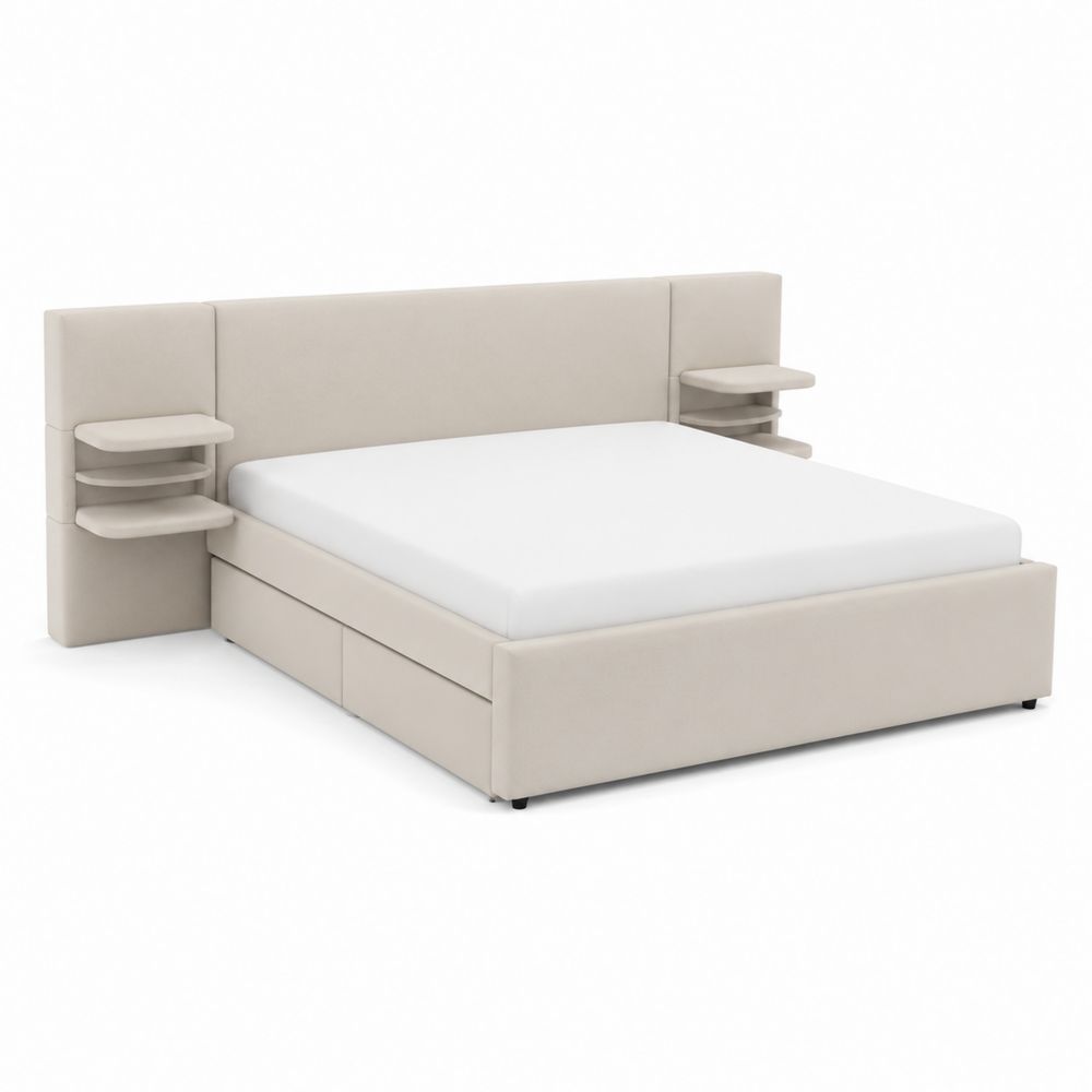 Letto matrimoniale con contenitore in tessuto beige e scaffali