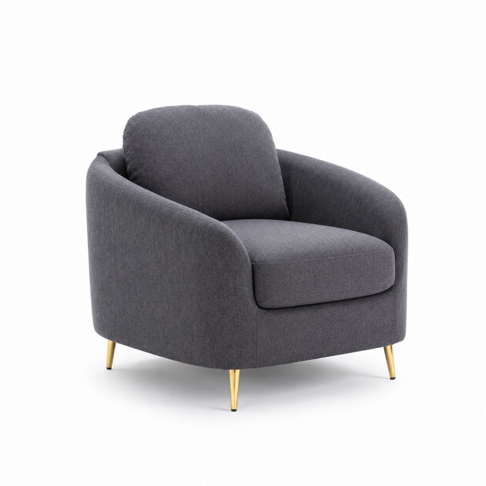 Poltrona in tessuto grigio con gambe dorate
