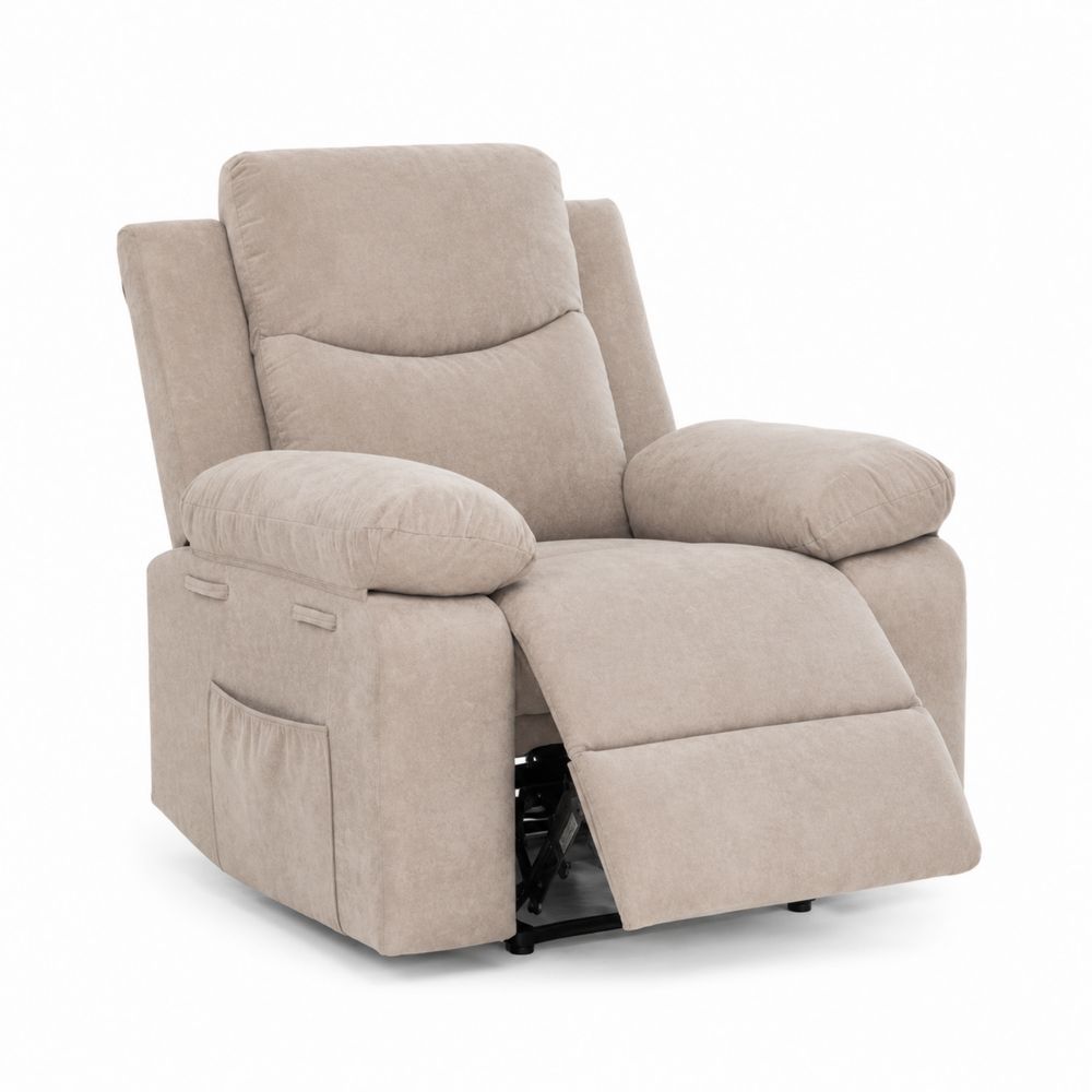 Poltrona reclinabile in microfibra beige con struttura in legno e acciaio-Zenwooda
