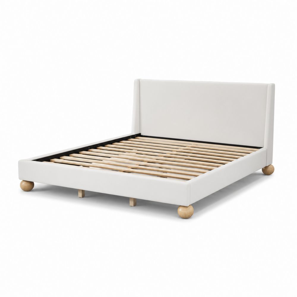 Letto Matrimoniale in Tessuto Bianco con Piedi in Legno-Zenwooda