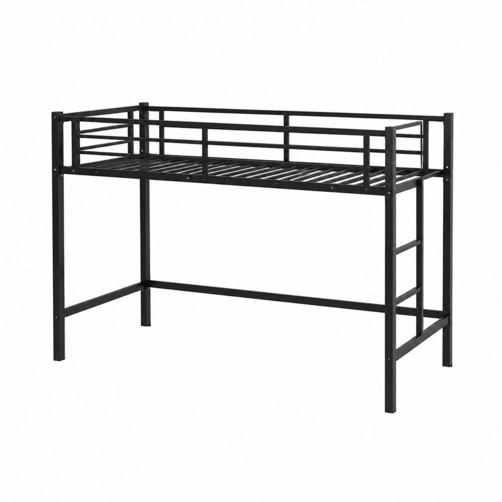 Letto a soppalco in metallo nero con scala e ringhiera-Zenwooda