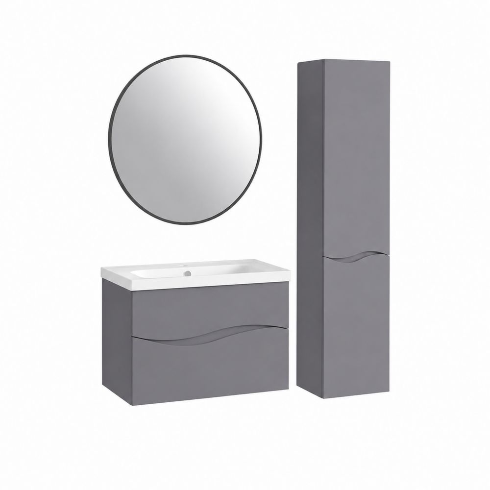 Set bagno in MDF con Specchio Rotondo e Colonna Grigio-Zenwooda