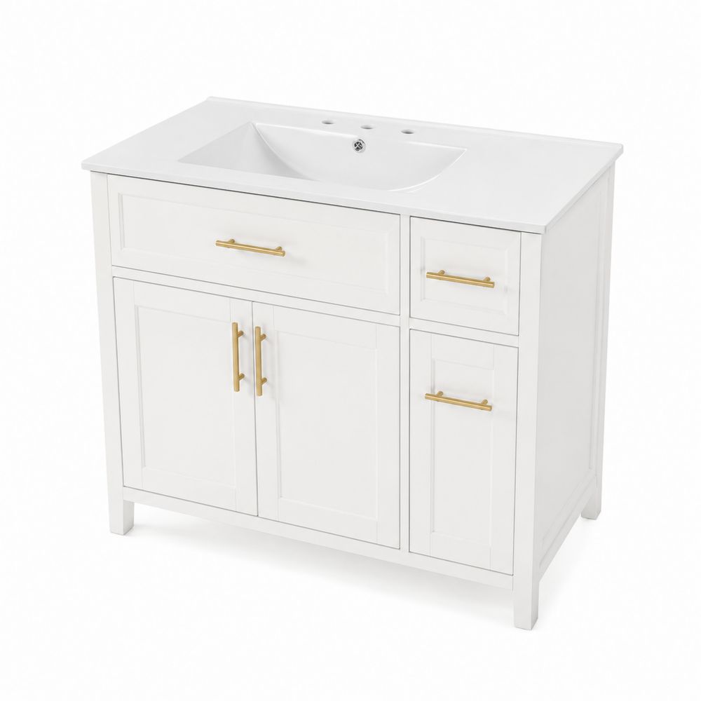 Mobile Lavabo Singolo in MDF Bianco con Maniglie in Ottone-Zenwooda