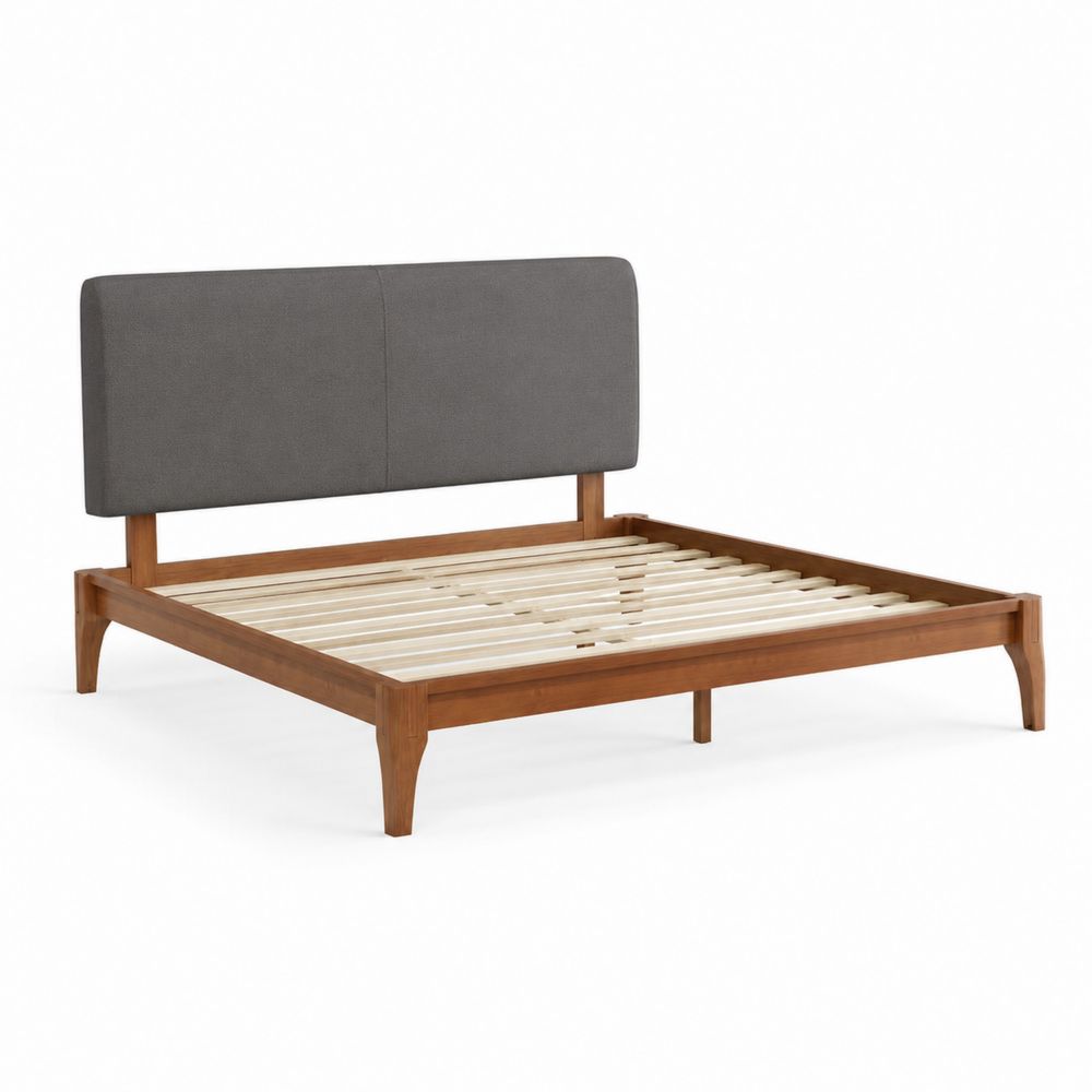 Letto matrimoniale in legno con testiera imbottita in tessuto grigio 160x200 cm-Zenwooda