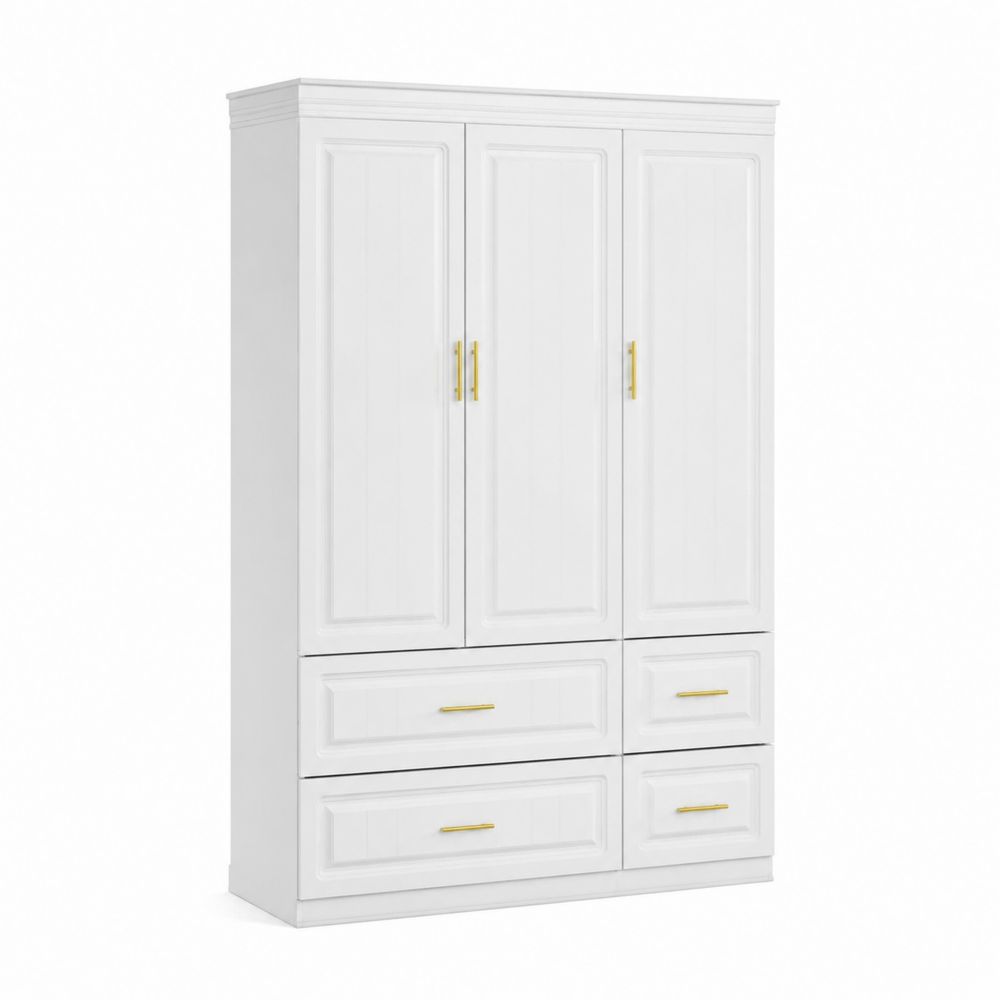 Armadio a 3 ante con cassetti in legno bianco e maniglie metalliche oro-Zenwooda