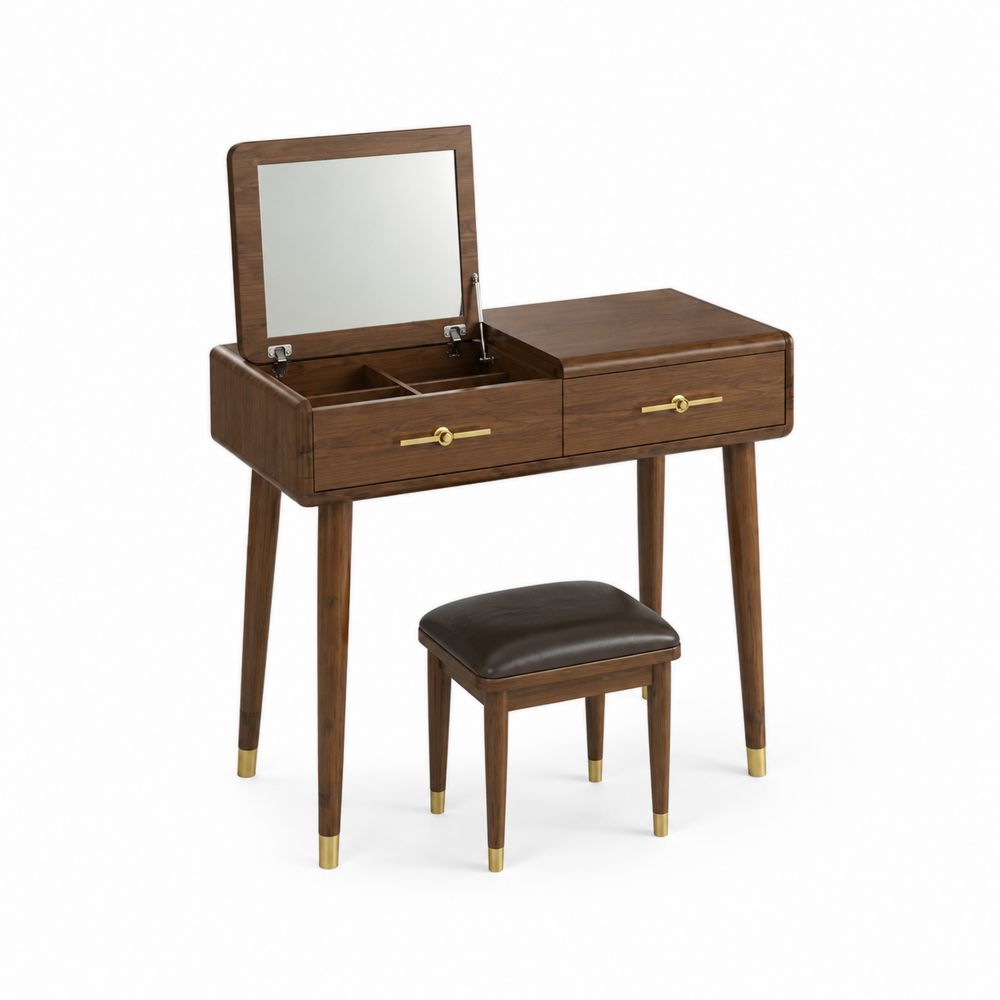 Toeletta in Legno con Specchio e Sgabello Imbottito, 2 Cassetti-Zenwooda