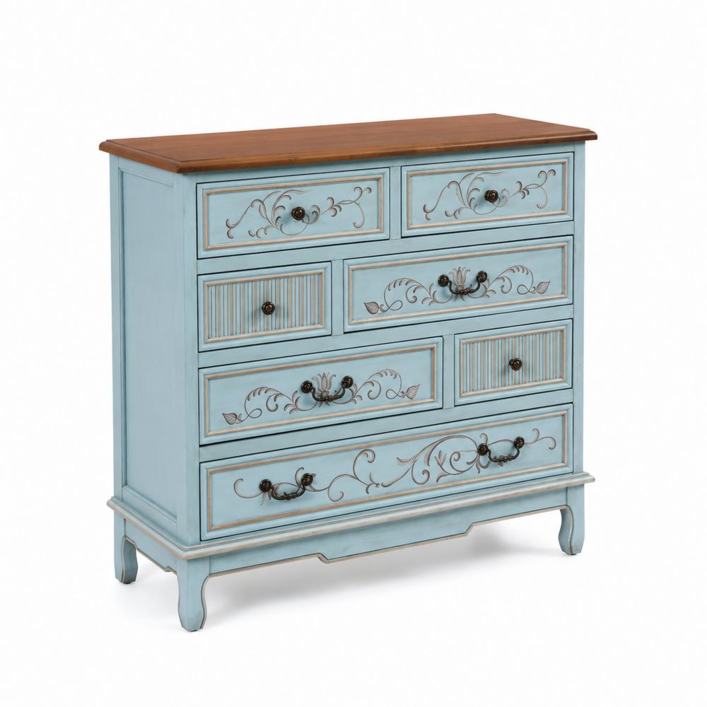 Cassettiera in legno con 6 cassetti intagliati Blu/Marrone 100x40x90 cm-Zenwooda