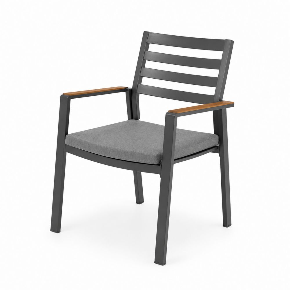 Sedia da giardino in metallo con braccioli in legno e cuscino grigio-Zenwooda