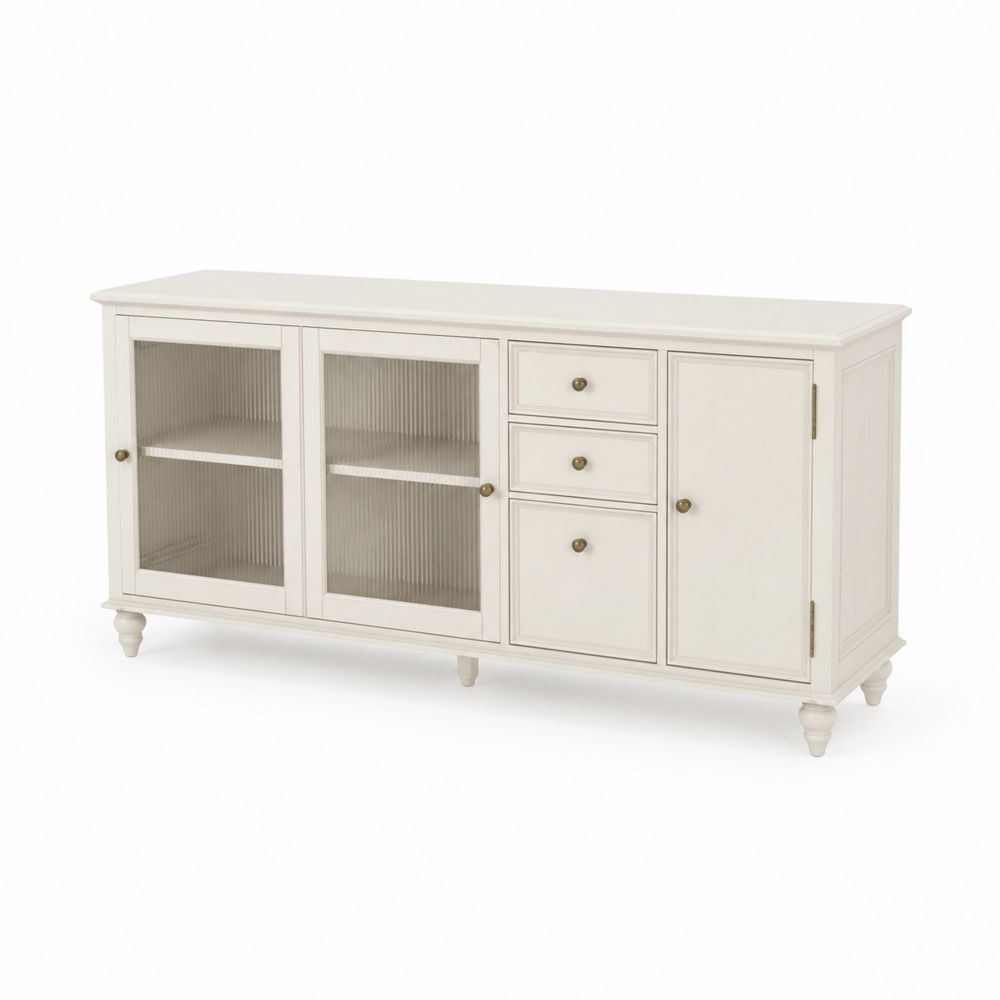 Credenza in legno con ante in vetro scanalato e cassetti Bianca-Zenwooda
