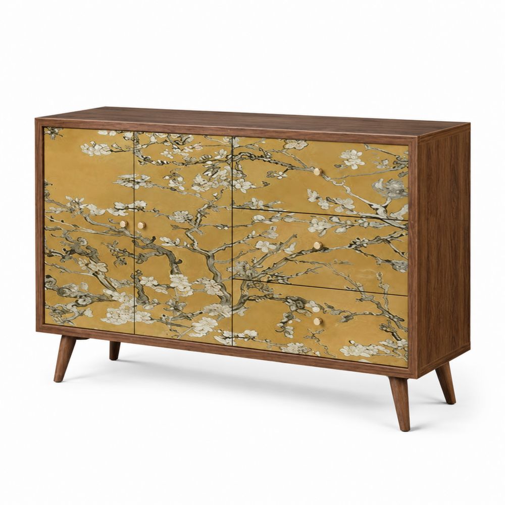 Credenza in legno massello con motivo floreale, 120x40x80 cm, Marrone/Giallo-Zenwooda