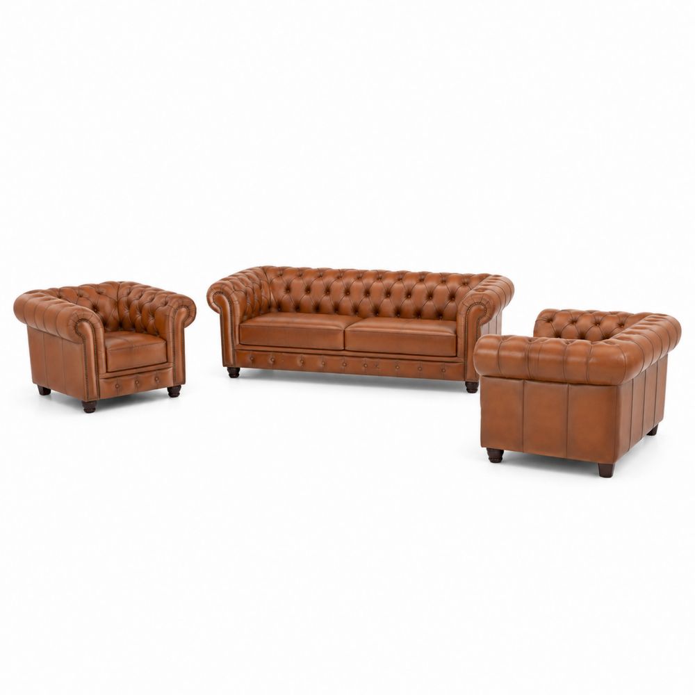 Set Divano Chesterfield 3 Posti e 2 Poltrone in Pelle-Zenwooda