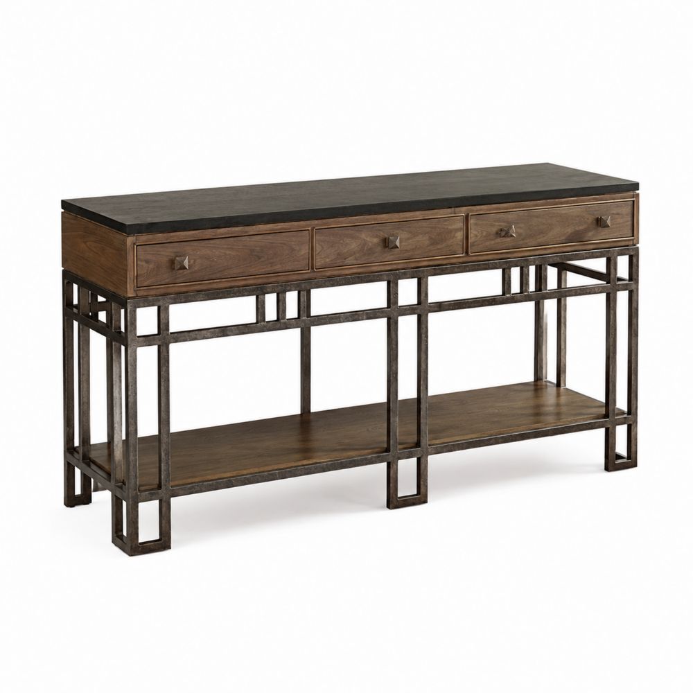 Credenza in legno e metallo con ripiano in pietra nera 150 cm-Zenwooda