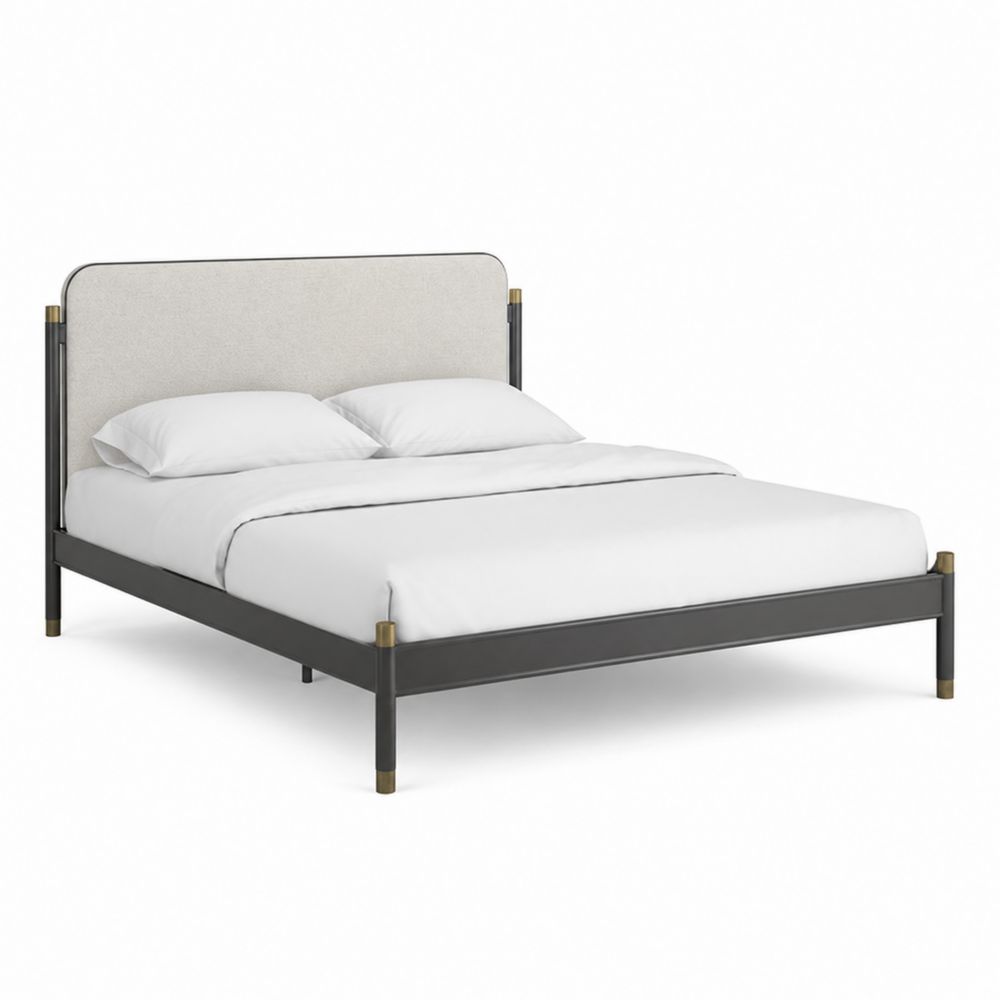 Letto matrimoniale in metallo con testiera in tessuto beige-Zenwooda