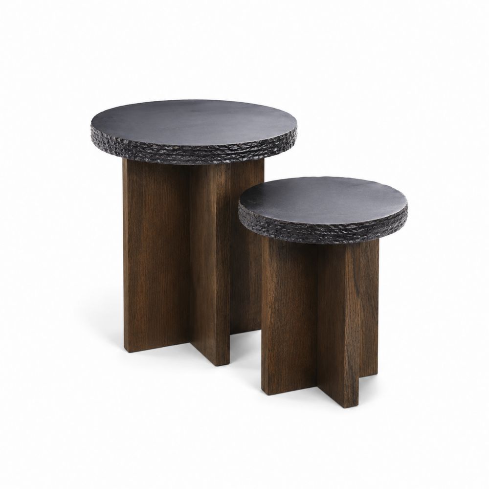 Set di tavolini in legno e pietra nera-Zenwooda