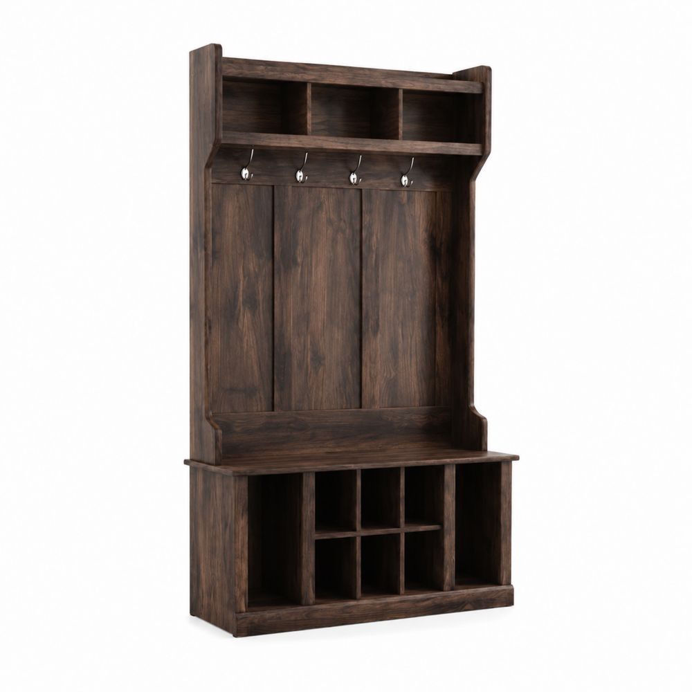 Appendiabiti in Legno di Pino con Ganci e Scaffali 180x100x40 cm-Zenwooda
