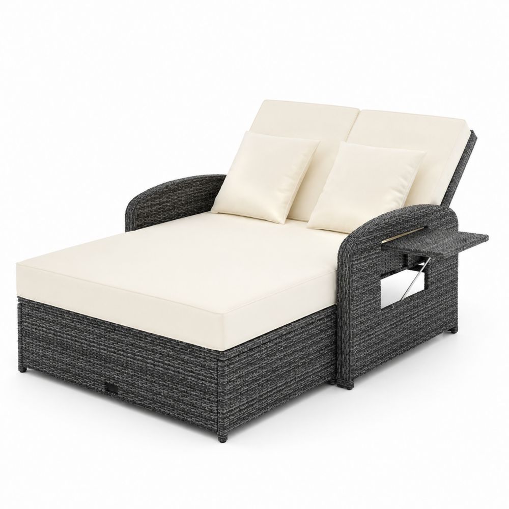 Lettino doppio in Rattan grigio con cuscini in Poliestere beige regolabile-Zenwooda