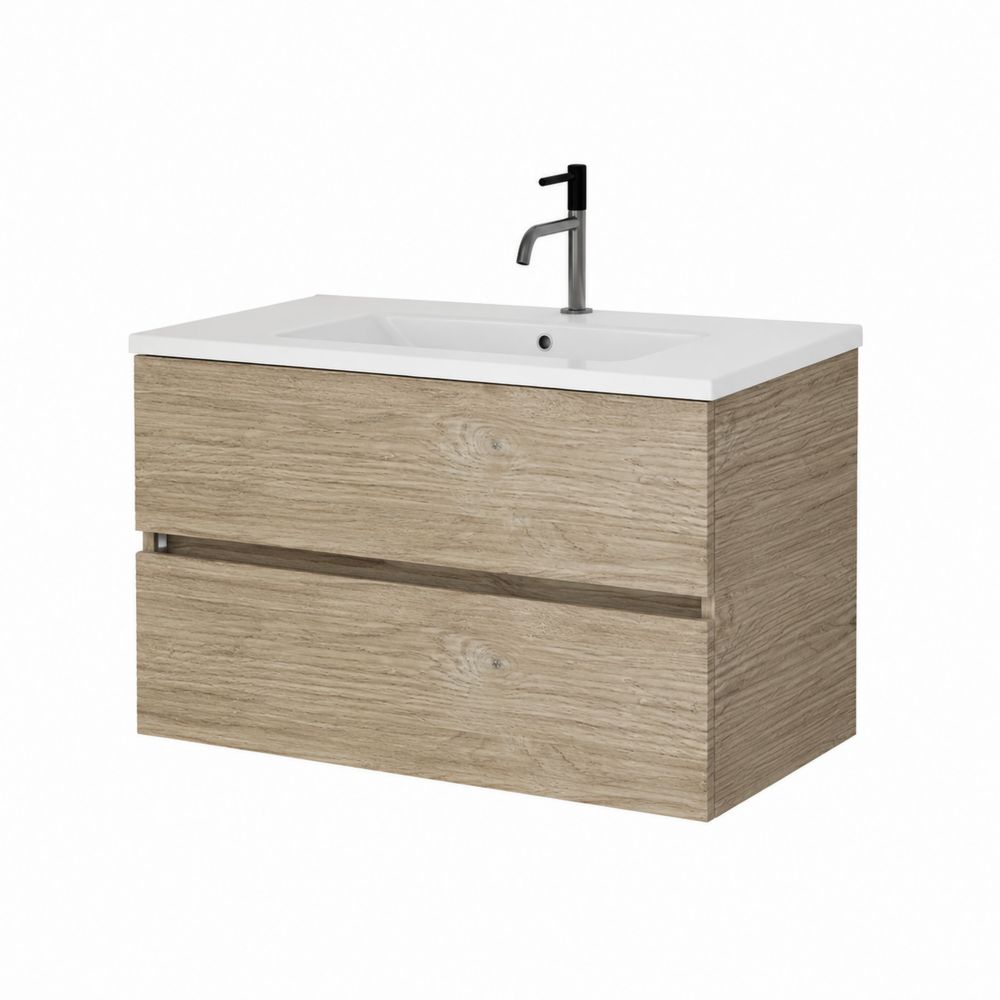 Mobile lavabo rettangolare in MDF e ceramica, Rovere chiaro-Zenwooda