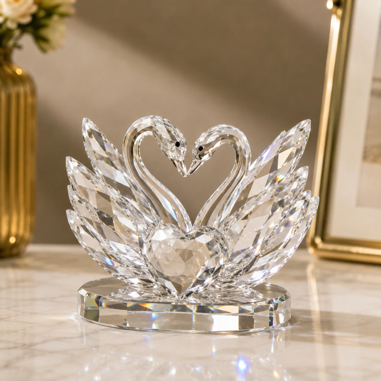 Figura de Cisnes de Cristal Transparente Corazon Decorativo