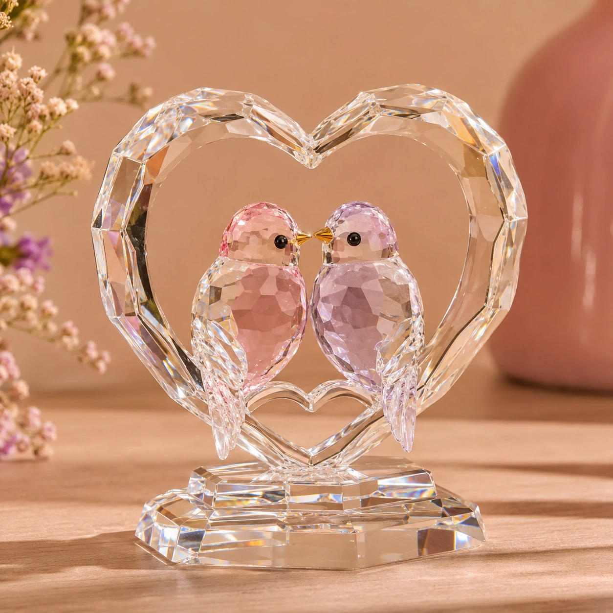 Pareja de Pajaros Cristal Rosa y Lila con Marco Corazon