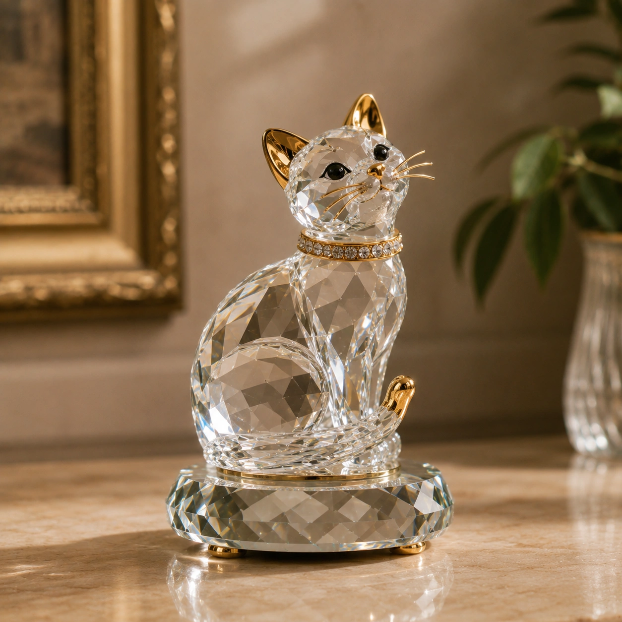 Gato Decorativo de Cristal con Detalles Dorados
