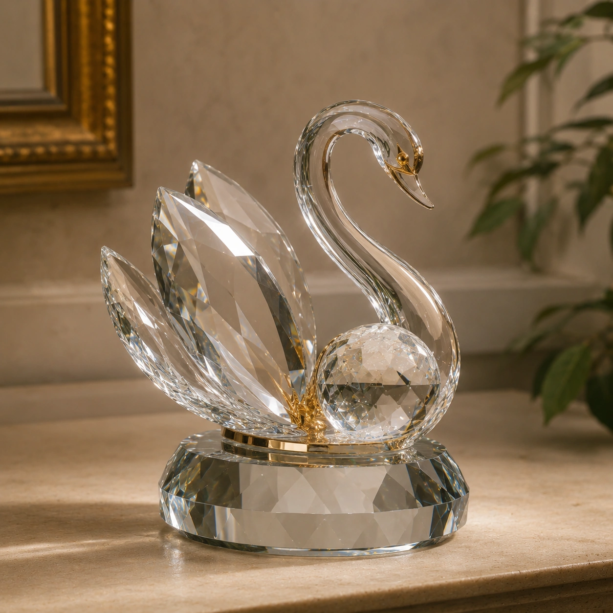 Cisne de Cristal Transparente con Base Facetada