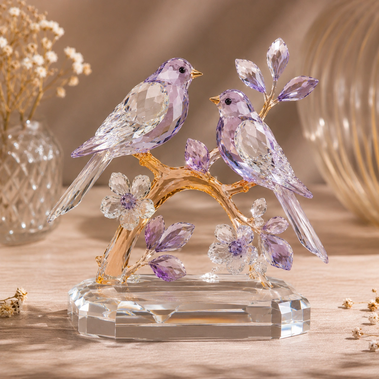 Pareja de Pajaros Cristal Lila en Rama Floral