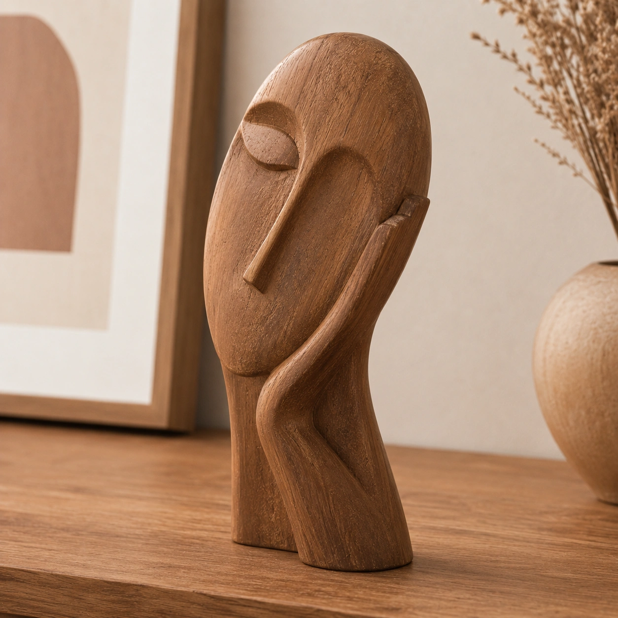 Escultura Decorativa Rostro Pensativo de Madera