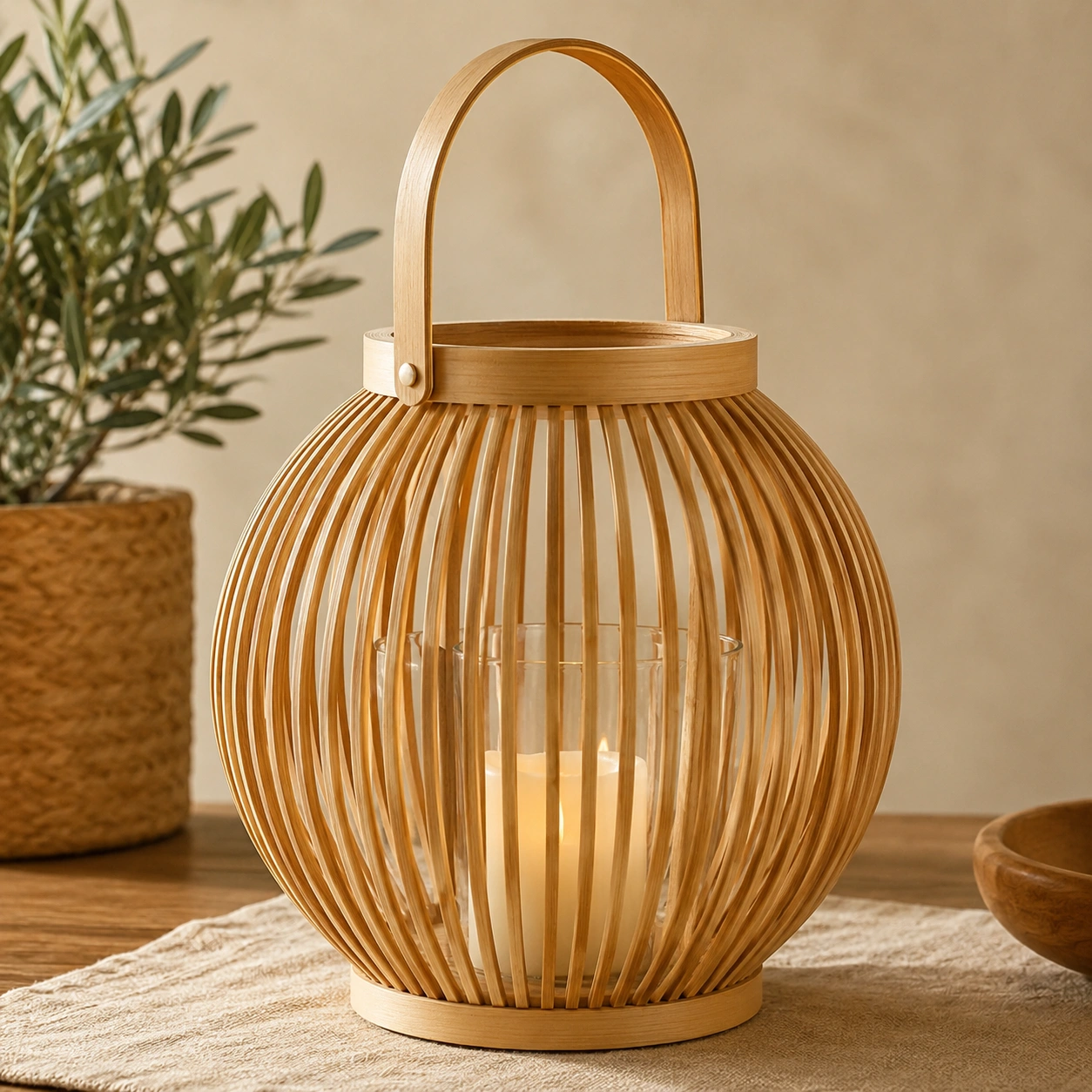 Farol Redondo de Bambu Natural para Vela