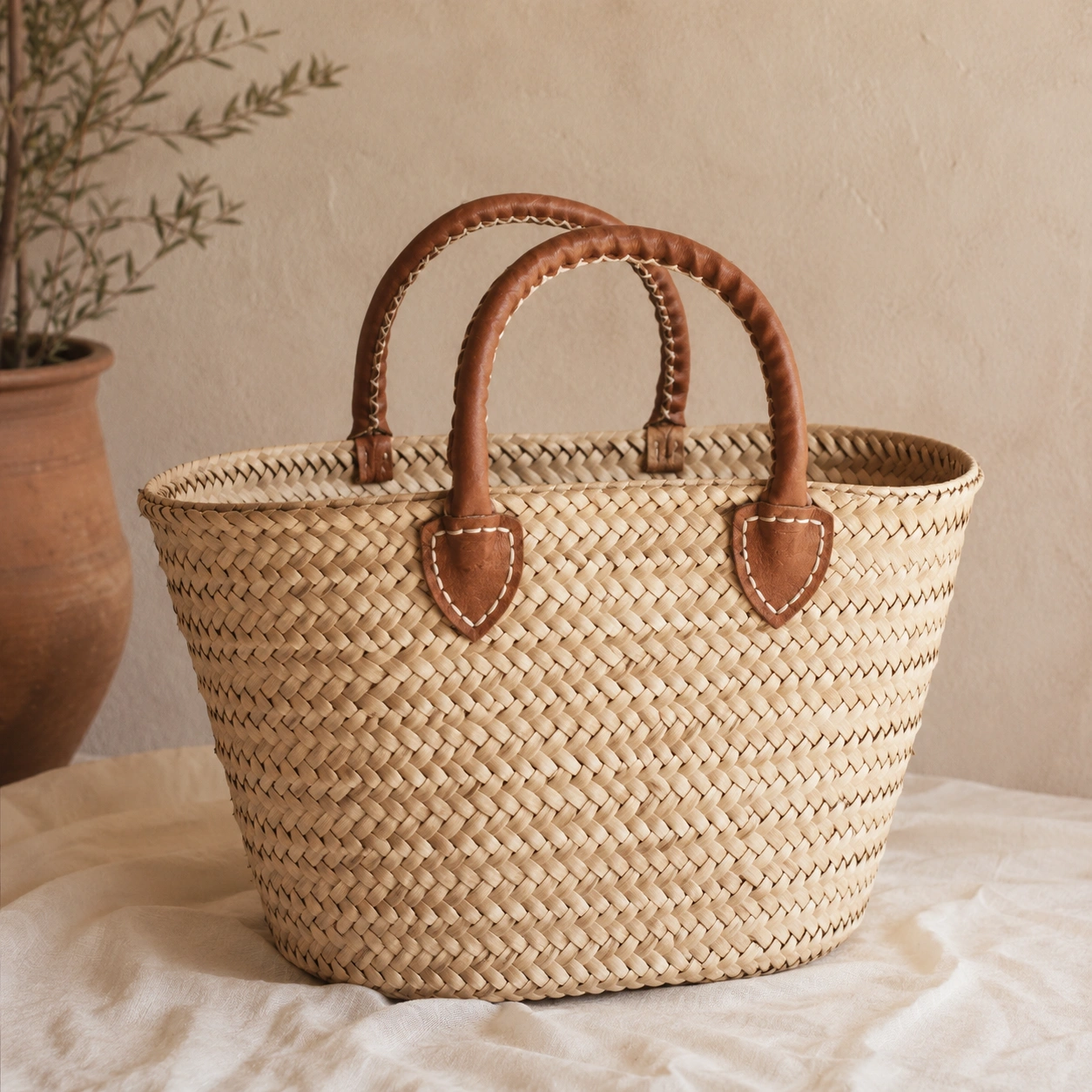 Cesta de Paja Tejida con Asas de Cuero