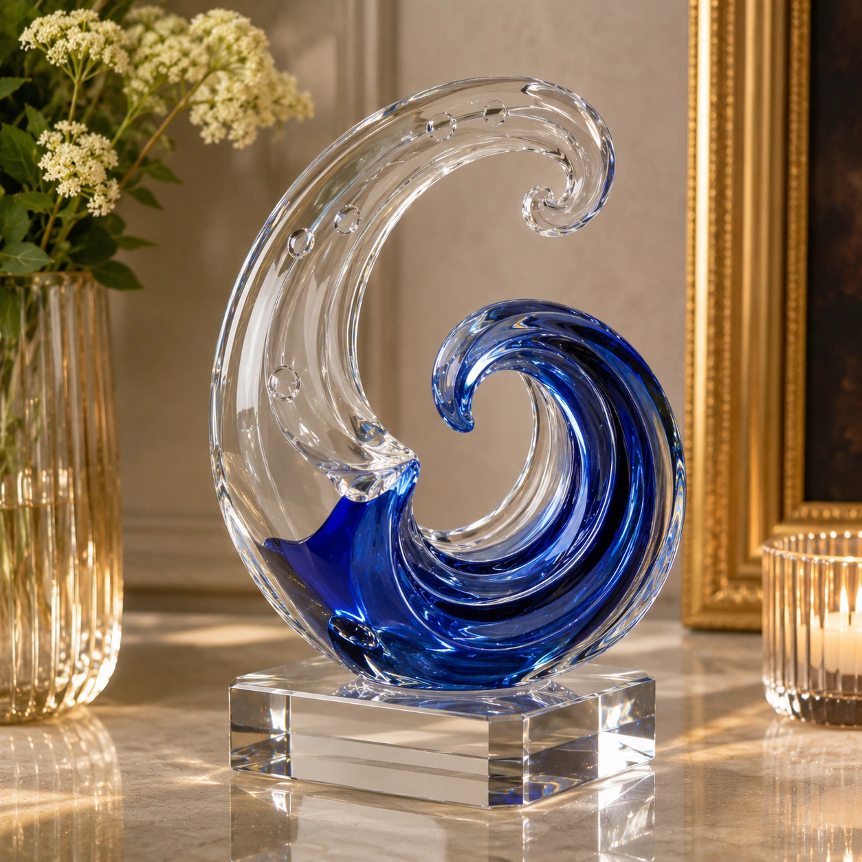 Escultura de Ola de Cristal Azul