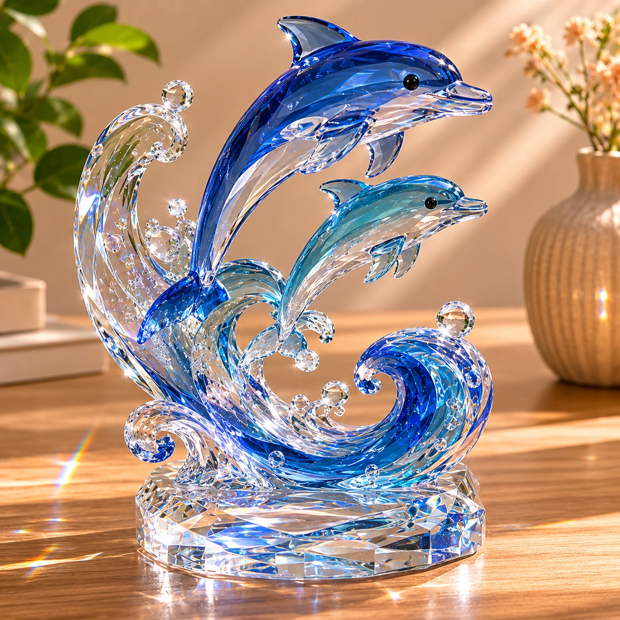 Escultura de Delfines y Olas de Cristal