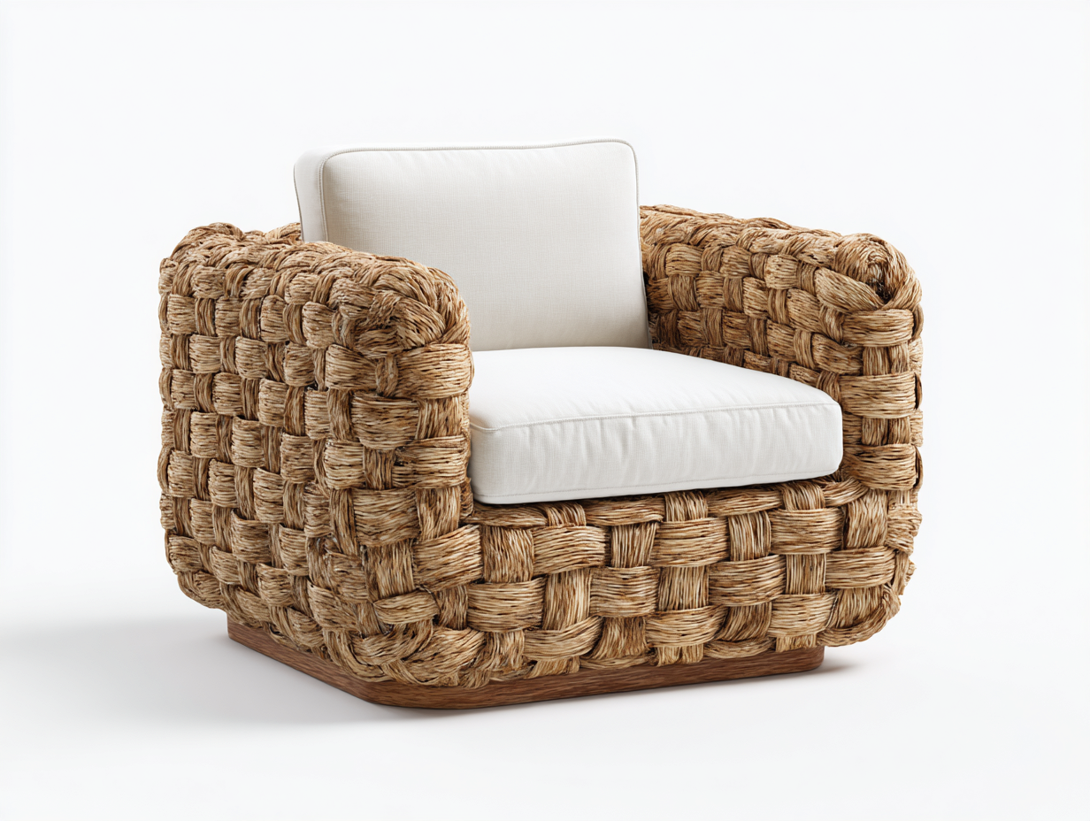 Sillones de ratán de fibra natural y cojín blanco 90x85x75 cm - con reposabrazos - diseño moderno para interior y exterior-Nivaiohome