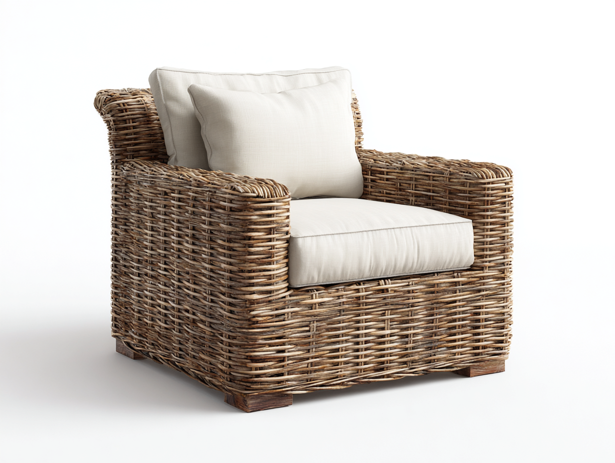 Sillones de ratán de madera natural y cojín beige 85x80x75 cm - con reposabrazos - diseño moderno para interior y exterior-Nivaiohome