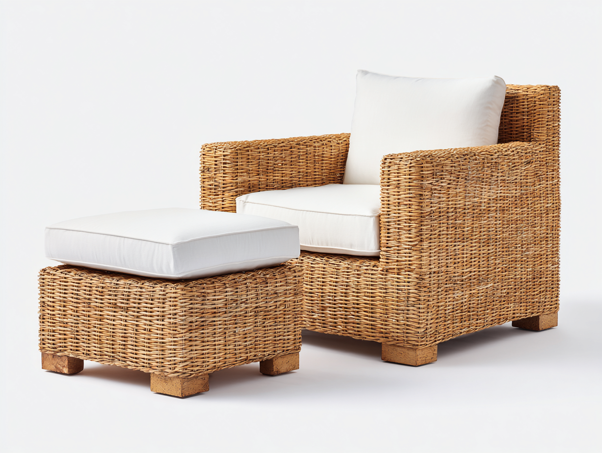 Sillones de ratán ratán natural y tela 90x85x80 cm - marrón-beige - diseño moderno con reposapiés-Nivaiohome
