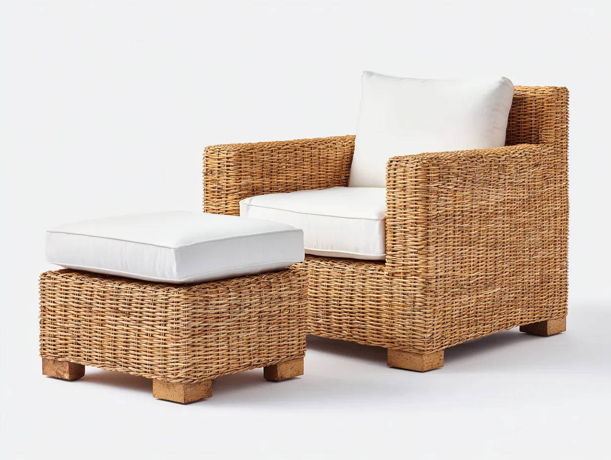 Sillones de ratán ratán natural y tela 90x85x80 cm - marrón-beige - diseño moderno con reposapiés-Nivaiohome
