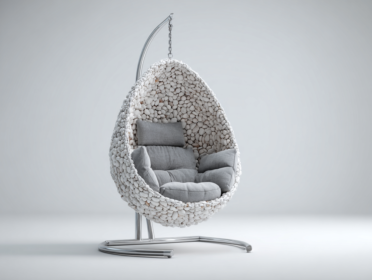 Sillones colgantes de resina y metal 95x95x195 cm - blanco y gris - con cojines - diseño moderno tipo huevo-Nivaiohome