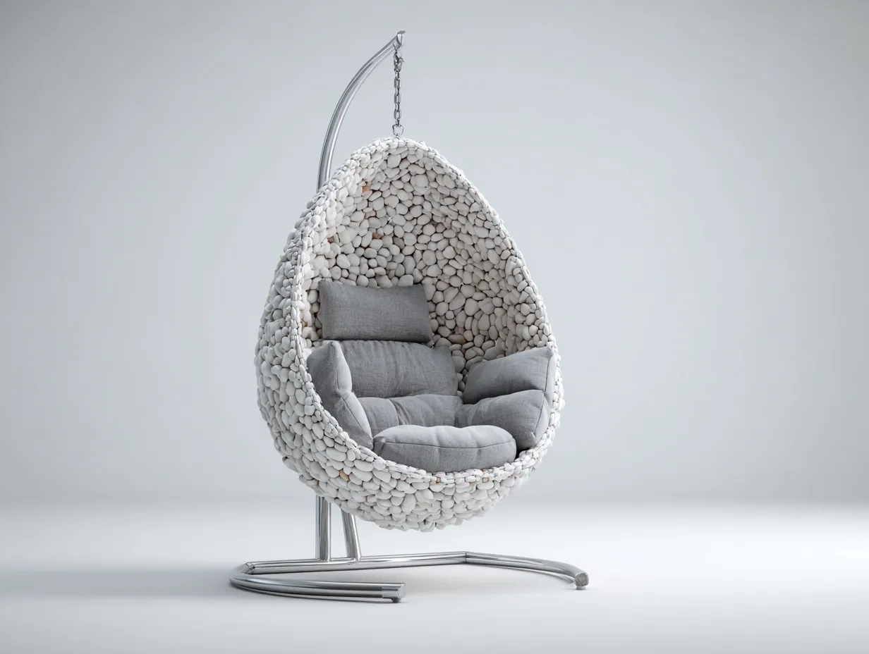 Sillones colgantes de resina y metal 95x95x195 cm - blanco y gris - con cojines - diseño moderno tipo huevo-Nivaiohome