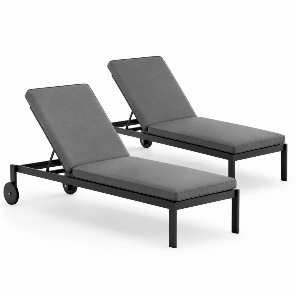 Set di 2 lettini prendisole regolabili in alluminio nero con cuscini grigi