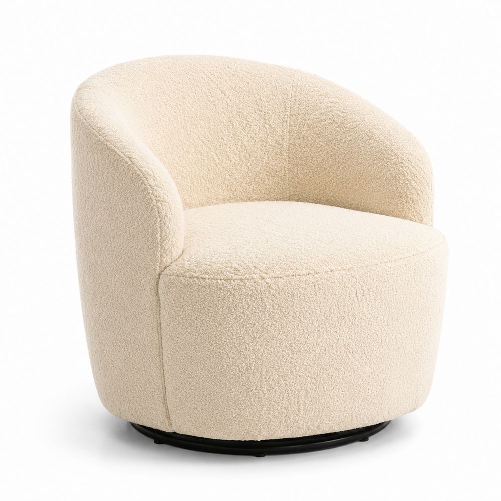 Poltrona curva in tessuto bouclé crema con base in metallo girevole