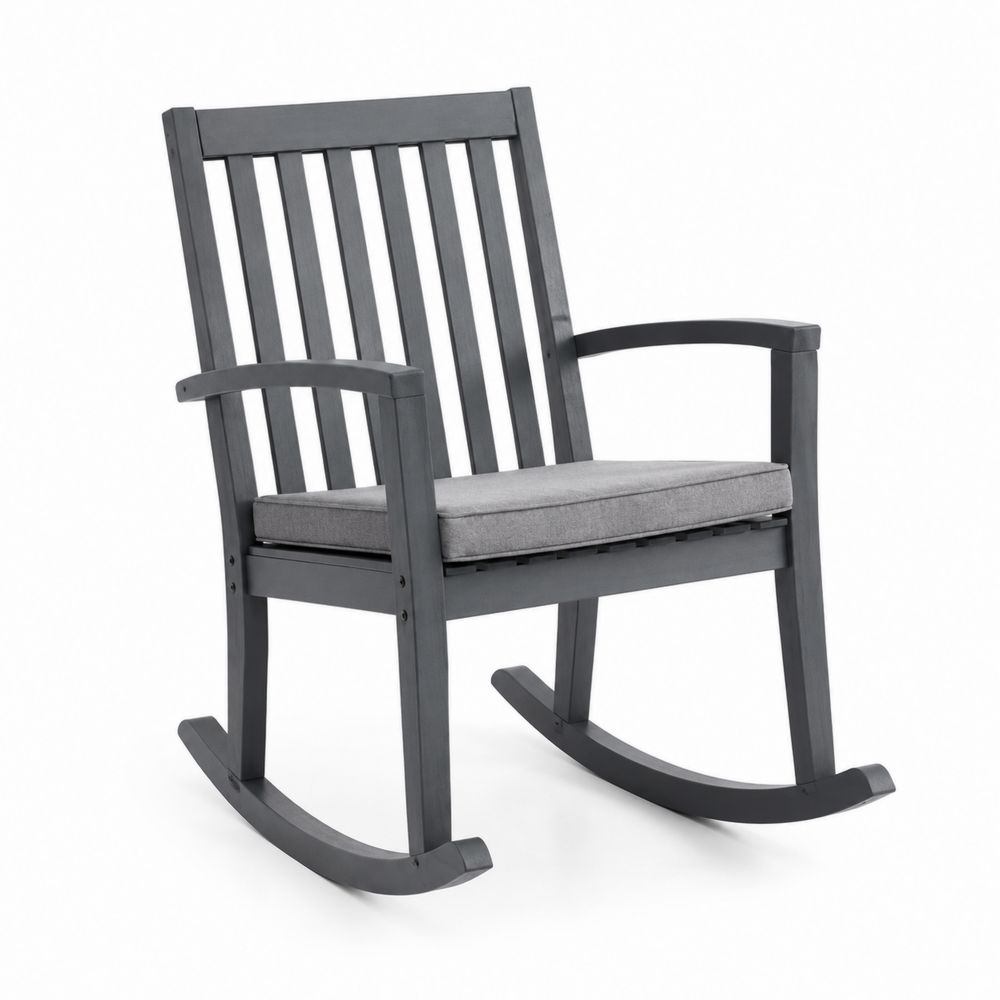 Sedia a dondolo in legno con cuscino poliestere grigio