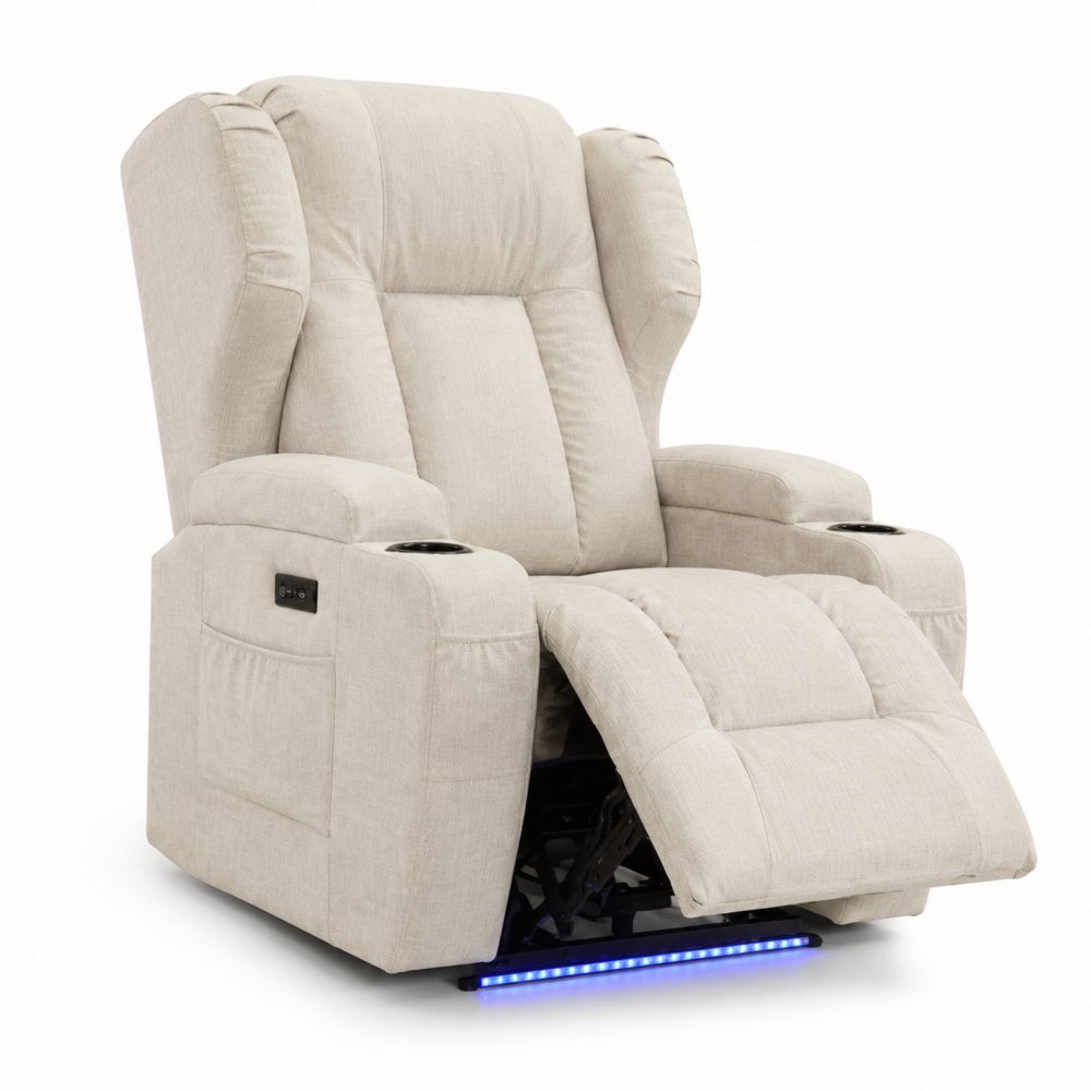 Poltrona reclinabile in tessuto beige con LED e porta-bicchieri