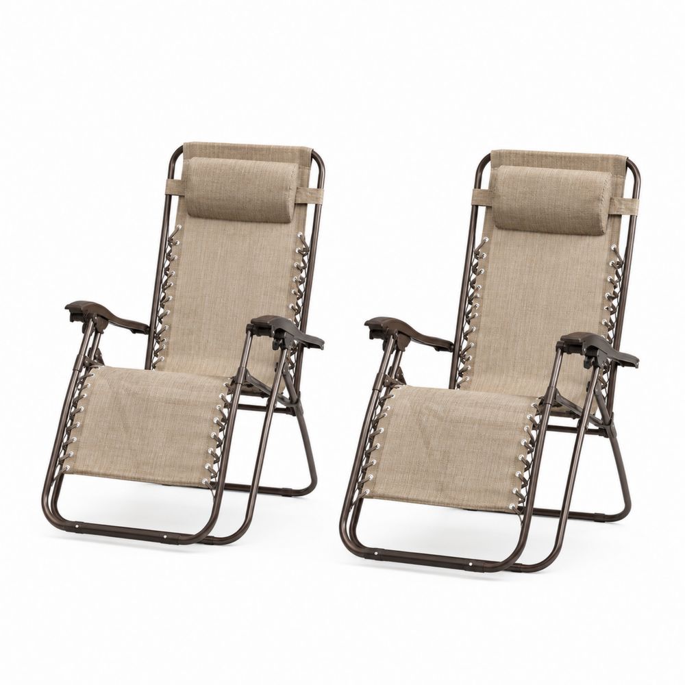 Set di 2 Sedie a Sdraio Pieghevoli in Metallo e Tessuto Beige