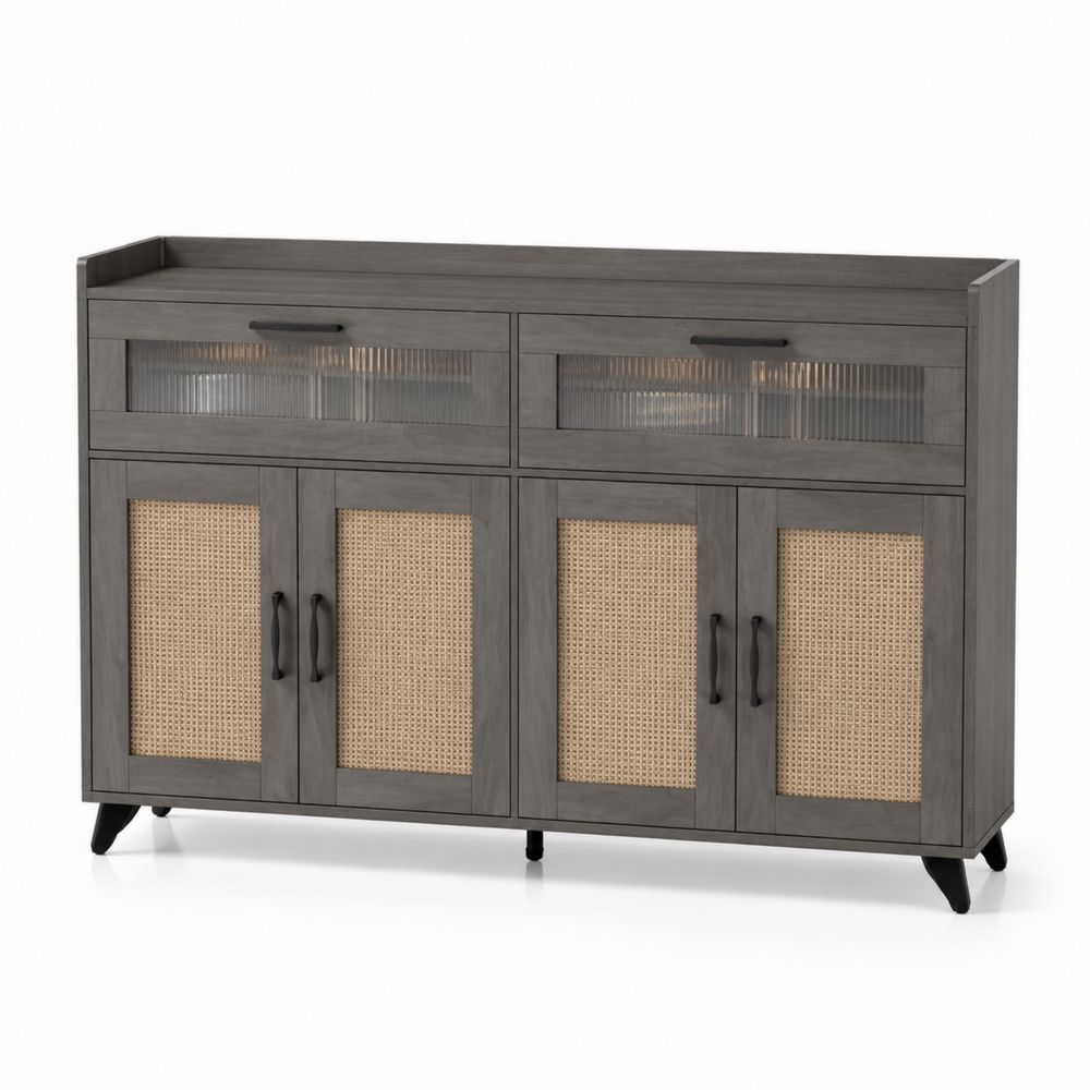 Credenza in legno con ante in rattan e cassetti in vetro