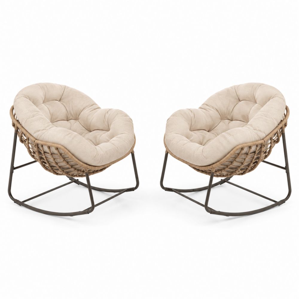 Set di 2 Sedie a Dondolo in Rattan e Acciaio con Cuscini Beige