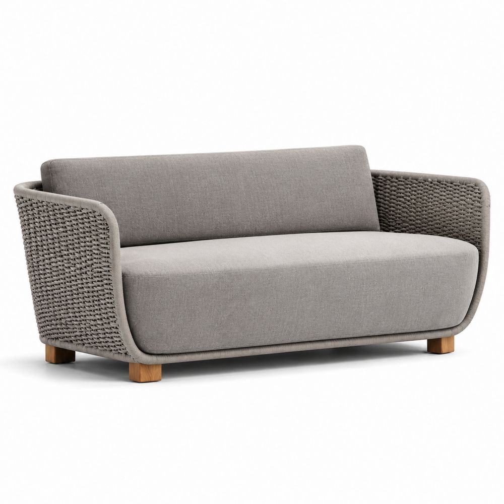 Divano da giardino in tessuto grigio con struttura intrecciata e gambe in legno 190 cm
